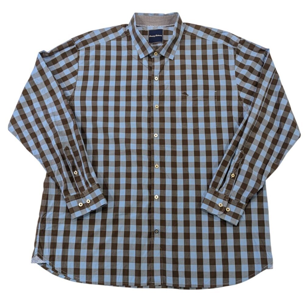 TOMMY BAHAMA Pima Cotton Shirt XXL Blue Brown Checkered Print Button Up Shirt